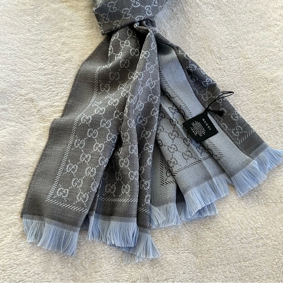 NWT Authentic Gucci GG Tricot Wool Bicolor Scarf Multi Charcoal Gray Unisex - Picture 5 of 11